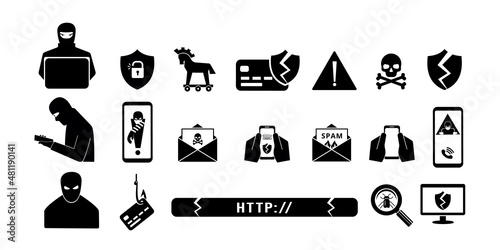 Hacker attacks, spam call and fake website links. The concept of phishing, cyber crime, online fraud and web protection. Set of solid black vector icons isolated on white background