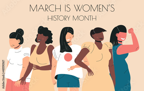 Women s history month concept vector on flat style. Event is celebrated in March in USA, Canada.