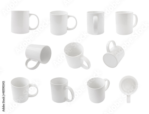 Front, side and back views of mug for tea and coffee isolated on white background