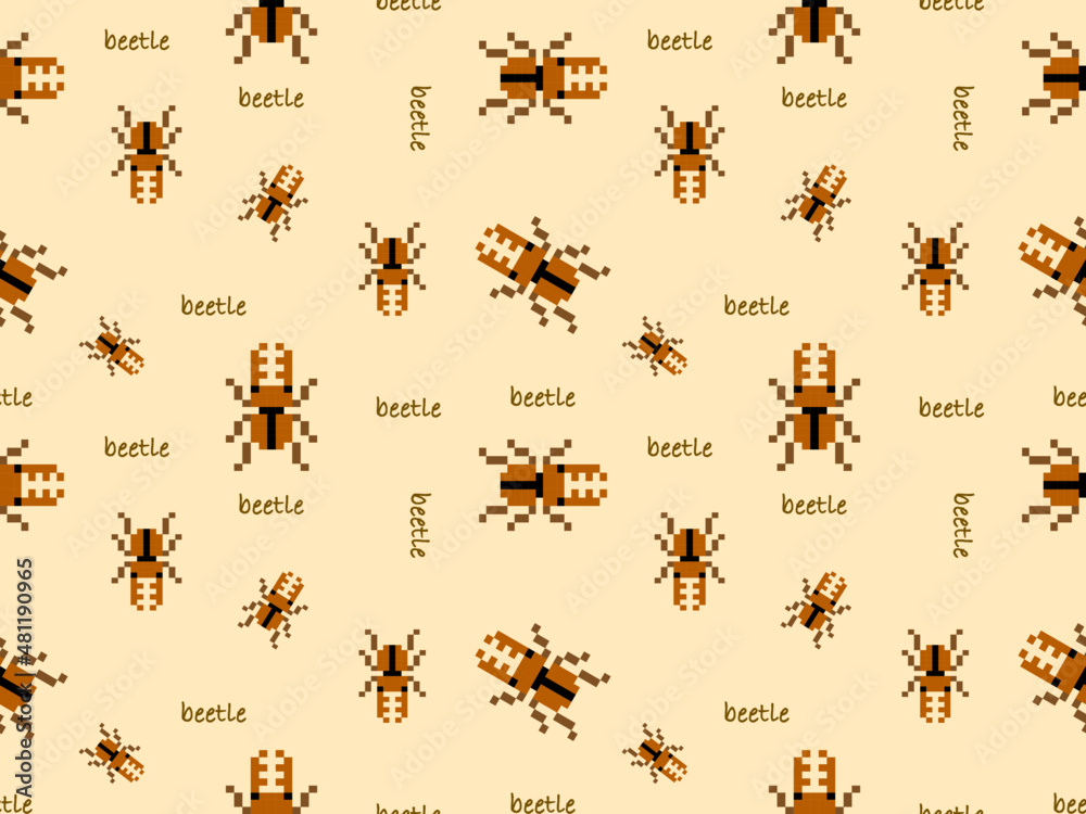 Beetle cartoon character seamless pattern on brown background.Pixel style Beetle cartoon character seamless pattern on brown background.Pixel style