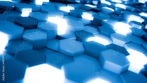 Blue and luminescent hexagon modules waving. Abstract technology, data and engineering background. Perspective and depth of field settings. 3D rendering