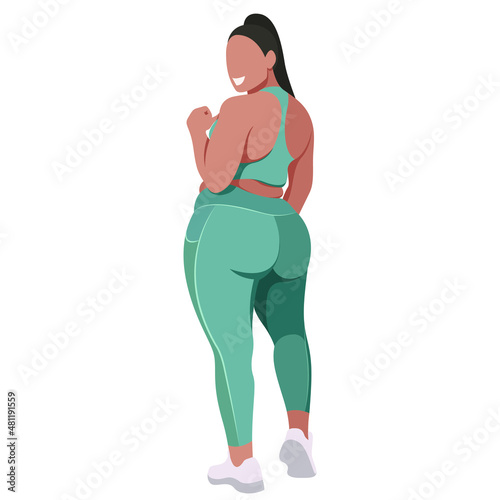 vector illustration a plus size girl in a sports uniform (leggings and a sports bra) trains, does fitness in a good mood isolated on a white background. useful for advertising sports studios, programs