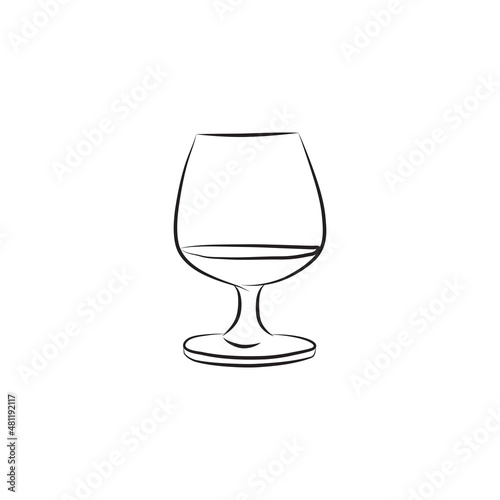 Glass of brandy or whiskey, cognac line art. Linear drawing of a glass with alcohol
