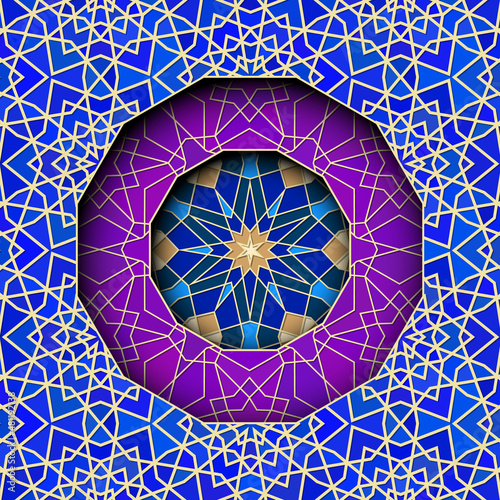 Arabic ornament with girih patterns and round frame element with star. Abstract islamic background with traditional geometric pattern