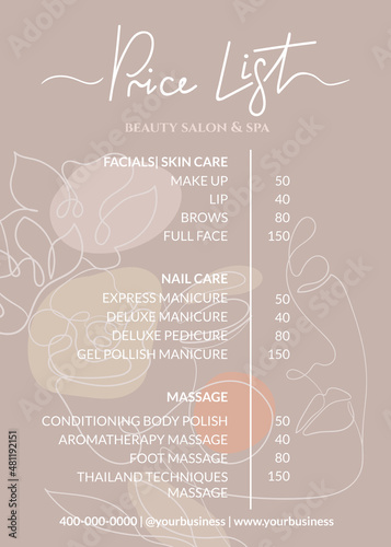 Price list for a beauty salon, massage parlor or nails art. Small business of beauty and beauty treatments