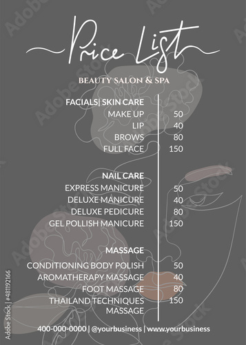 Price list for a beauty salon, massage parlor or nails art. Small business of beauty and cosmetic procedures in boho style gray