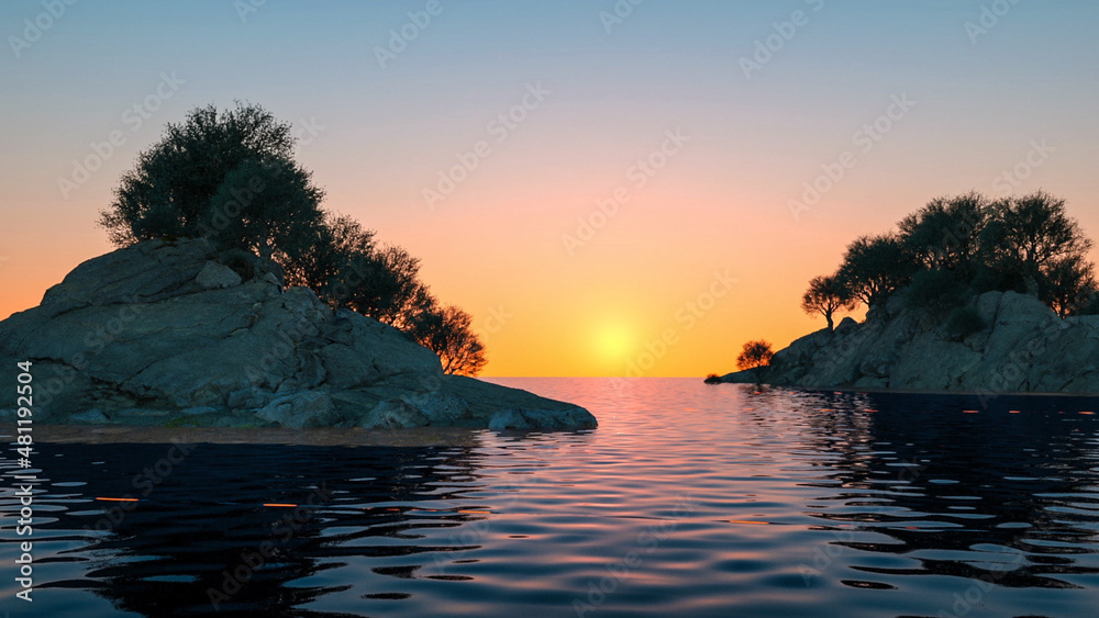 Photorealistic background: mediterranean rocks in the sea with olive trees growing on them. Beautiful sunset landscape scene. 3D rendering