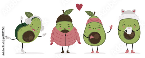 Set of cute avocado characters in winter clothes. Winter activity. Printable print for clothes, posters, notebooks, postcards. Cartoon isolated illustration on white background