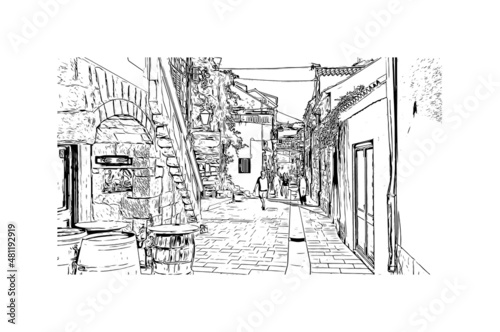 Building view with landmark of Makarska is the city in Croatia. Hand drawn sketch illustration in vector.