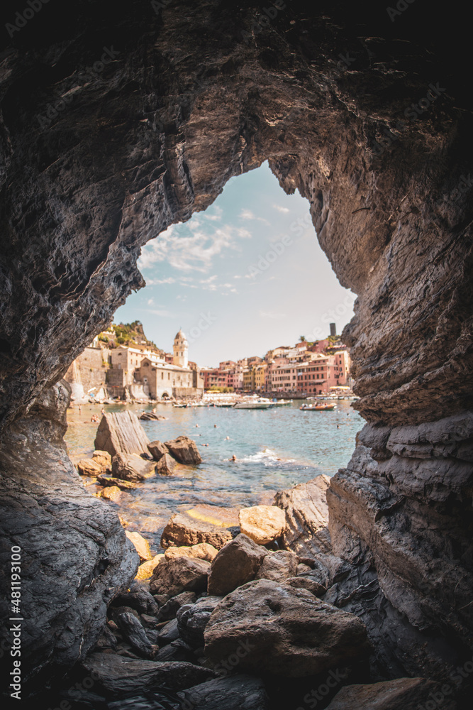 Vernazza, Cinque Terre, view from a cave with the sea.