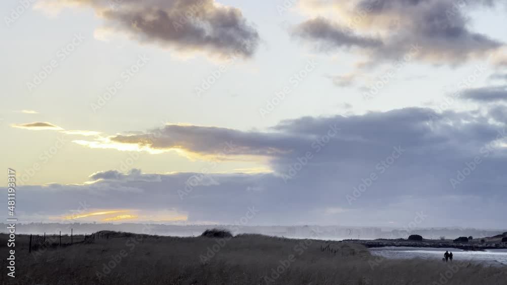 Couple With Dog on Windswept Beach Dunes Sunset Walk Couple With Dog on Windswept Beach Dunes Sunset Walk