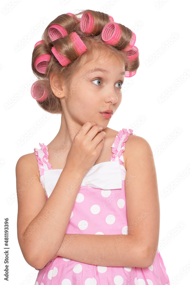 portrait of emotional little pretty girl with hair curlers portrait of emotional little pretty girl with hair curlers