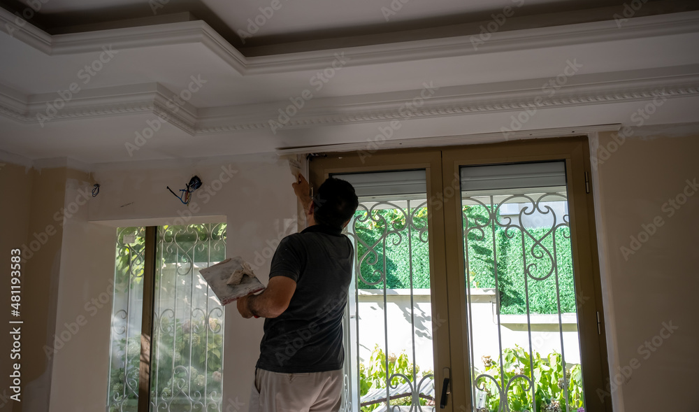 a man house painter renovating the living room with brush a man house painter renovating the living room with brush