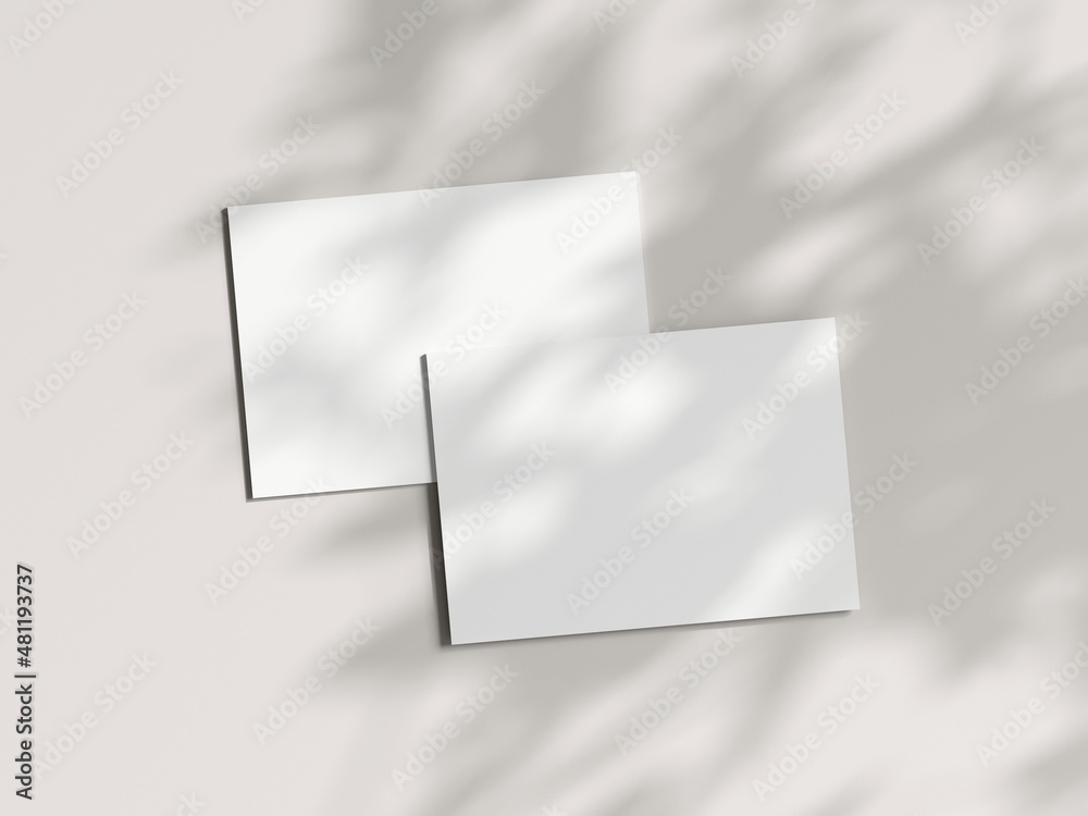 Two horizontal cards mockup in boho, invitation mockup, greeting card on beige background, 3d render Two horizontal cards mockup in boho, invitation mockup, greeting card on beige background, 3d render