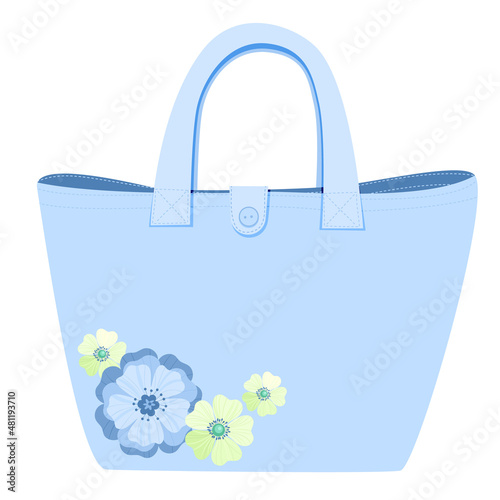 Vector image of a women's bag in blue.  Shopping bag.  The bag is decorated with blooming flowers.  Illustration in a flat style.