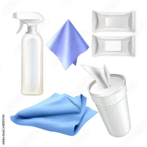 Cleaning wipes box spray bottle. disinfect product. hand home napkin. microfiber. wet tissue package. 3d realistic vector illustration