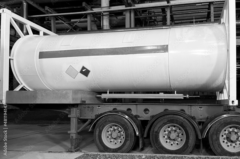 A tank car for the transportation of dangerous goods. Liquid oxygen tank. Black and white photo A tank car for the transportation of dangerous goods. Liquid oxygen tank. Black and white photo
