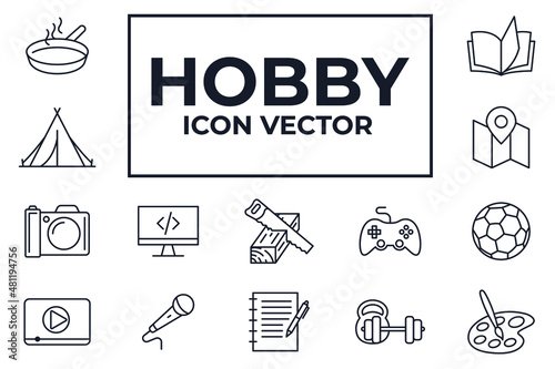 Set hobby icon. Hobbies for children or people at home and outdoors. Sports, reading, drawing, symbol template for graphic and web design collection logo vector illustration
