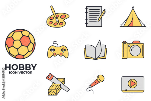 Set hobby icon. Hobbies for children or people at home and outdoors. Sports, reading, drawing, symbol template for graphic and web design collection logo vector illustration