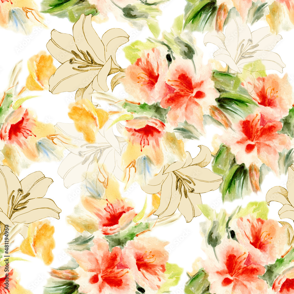 Obraz premium Seamless pattern with flowers rose and lily on white background painting in watercolor.