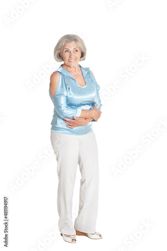 smiling senior woman posing on white background