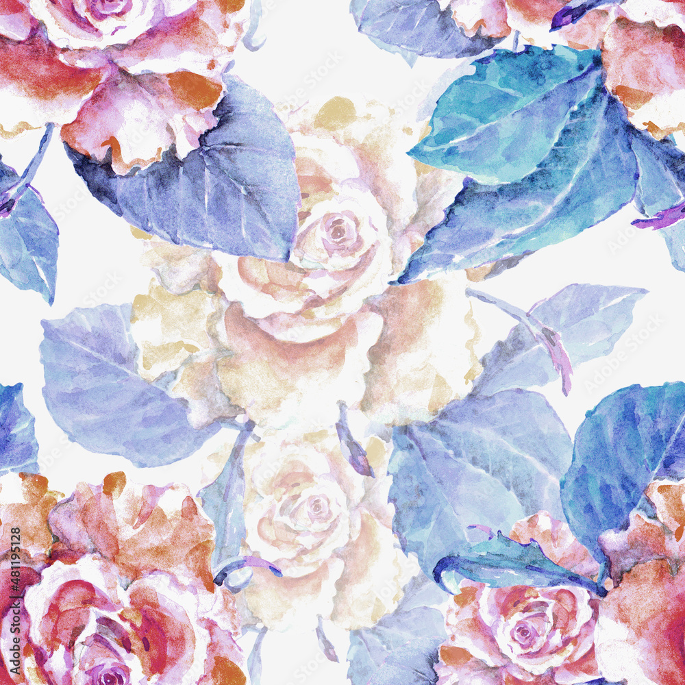 Seamless pattern with flowers rose  on white background painting in watercolor.