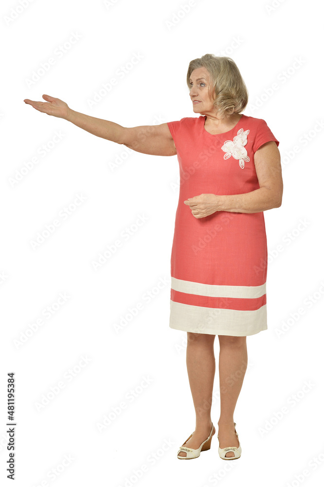 Portrait of senior woman showing something on white background Portrait of senior woman showing something on white background
