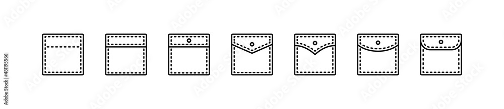 Fototapeta premium Set of vector icons patch pocket. Trousers, clothes, dress, shirt, jacket. Vector sign in a simple style, isolated on a white background.