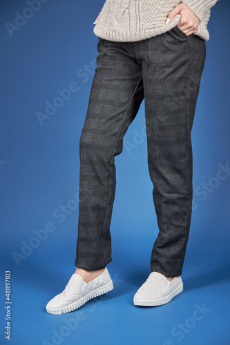 pant, trousers, blue background women's grey with small print.