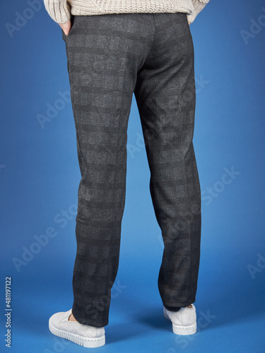pant, trousers, blue background women's grey with small print.