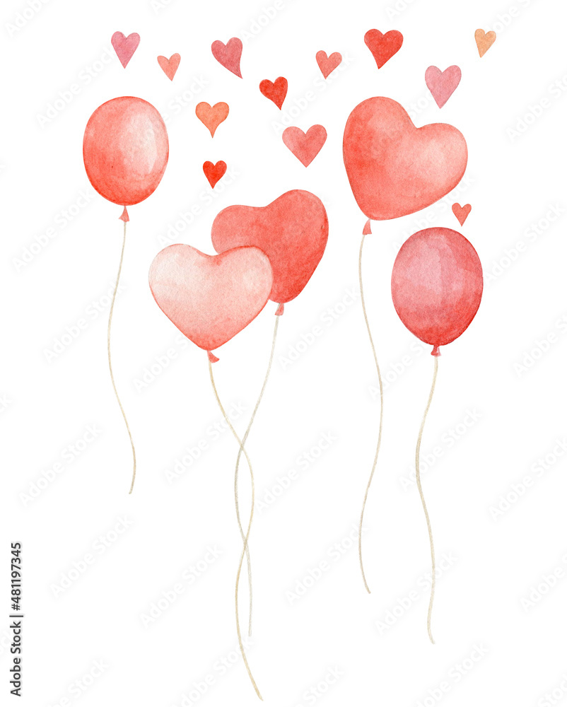 Watercolor balloons in the shape of heart.