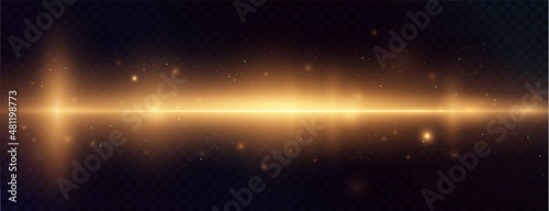Gold horizontal lens flares pack. Laser beams, horizontal light rays. Beautiful light flares. Glowing streaks on light background. Collection effect light gold line png.	
