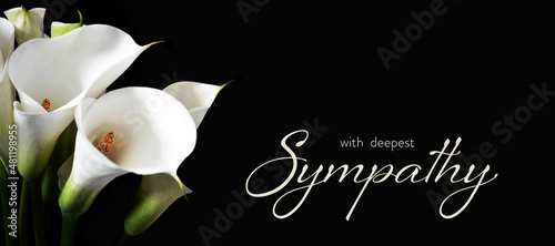 Sympathy card with white calla lilies isolated on black background
