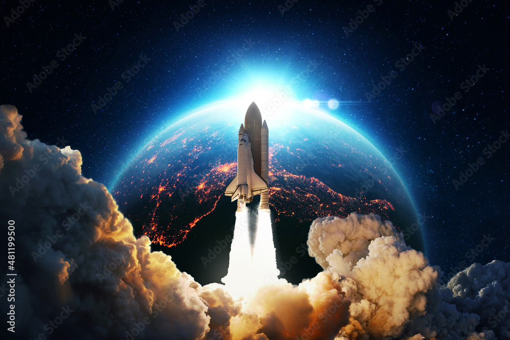 New space rocket lift off. Space shuttle with smoke and blast takes off into space on a background of blue planet earth with amazing sunset. Successful start of a space mission. Travel to Mars - obrazy, fototapety, plakaty 