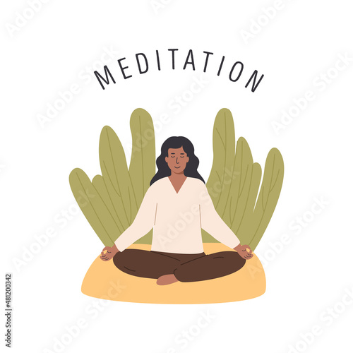 African female person with crossed legs closed eyes meditating on nature. Young woman sitting outdoor at park and practicing yoga. Meditation, abdominal breathing spiritual practice. Vector card.