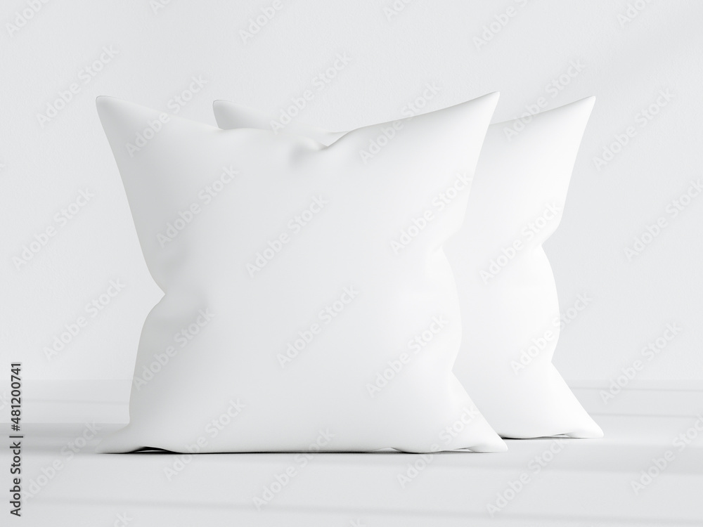 two white square pillows on white background, pillow mockup, 3d render two white square pillows on white background, pillow mockup, 3d render