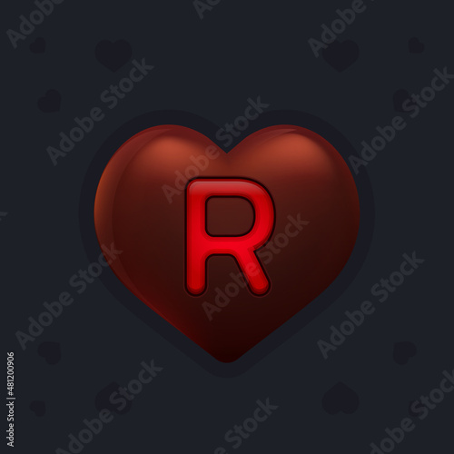 Chocolate heart with a marmalade letter R inside. Valentines day decoration element for design banner, card or any advertising