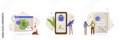 Digital signature illustration set. Characters signing legal document, business electronic contract or agreement online. E-signature concept. Vector illustration.