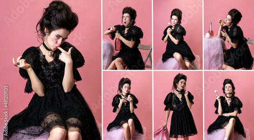 Set of portraits of young beautiful woman in black evening little dress isolated on pink background. Concept of holiday, fashion, emotions