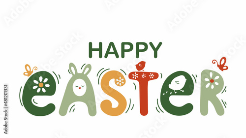 Happy Easter. Handwritten inscription in children's style for the design of greeting cards. Isolated text on a white background.
