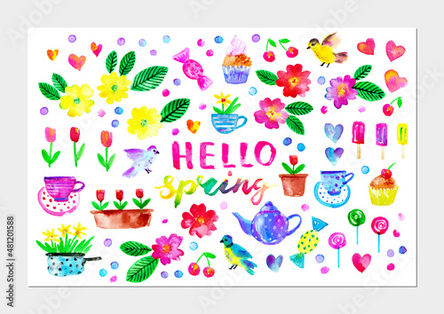 Spring season flowers, birds, hearts, teapot, cup, cake, candy