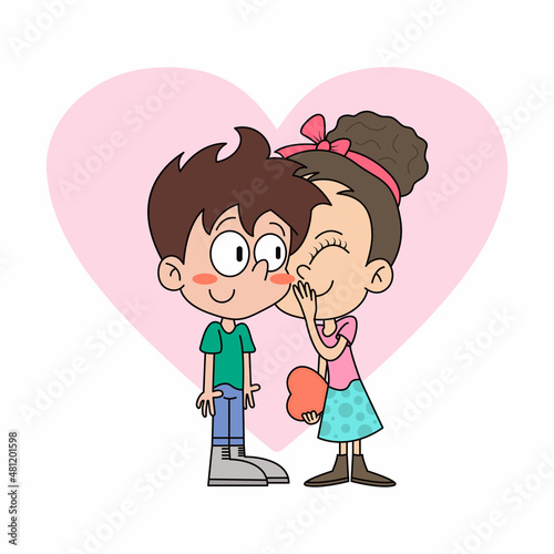Confess to Your Crush cartoon illustration. Girl whispering into boy's ear and tells him about her feelings. Valentines day sticker.