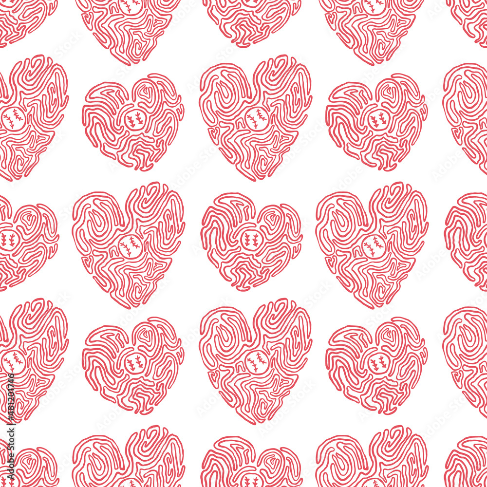 Decorative seamless pattern with baseball hearts on white background. A set of prints for T-shirts, postcards for Valentine's Day.