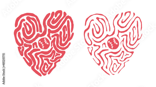 Collection of hearts with a baseball separately on a white background. Print for T-shirt, poster. Decorative hand drawn illustration for Valentine's day.