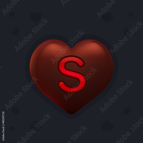 Chocolate heart with a marmalade letter S inside. Valentines day decoration element for design banner, card or any advertising