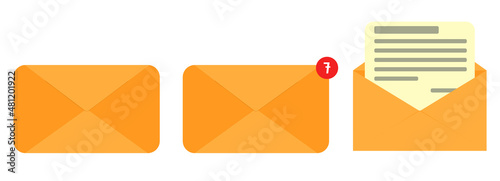 Opened and closed envelope with note paper card. Set of envelopes icons. vector illutration