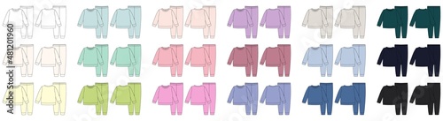 Set of apparel pajamas technical sketch. Colored childrens cotton sweatshirt and pants. Kids outline nighwear design template collection. photo
