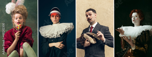 Set of young people in image of historical, medieval persons in vintage clothing on dark background. Concept of comparison of eras, modernity. photo