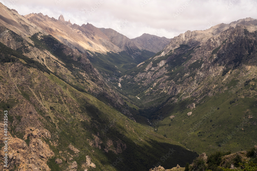 Fototapeta premium Alpine landscape. View of the green valley, forest and mountains form the top of Bella Vista Hill in Bariloche, Patagonia Argentina.