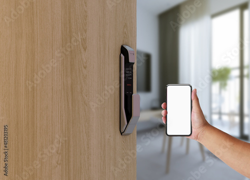 Hotel door security Unlocking by application on mobile phone. Digital door lock, keyless system of access door. Digital Door handle or Electronics knob for access to room security,